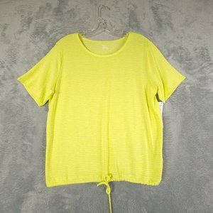 Zella Womens Blouse Yellow Stripe Short Sleeve Stretch‎ Drawstring M New